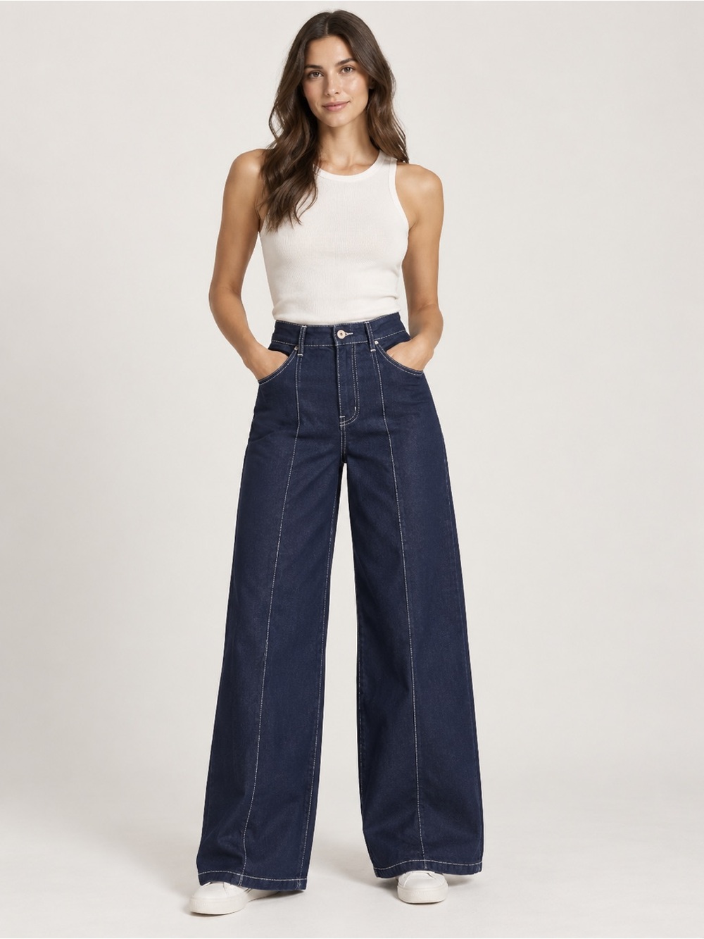 Maeve Anthropologie Dark Indigo Wide Leg Jeans Contrast Stitch Size 24
